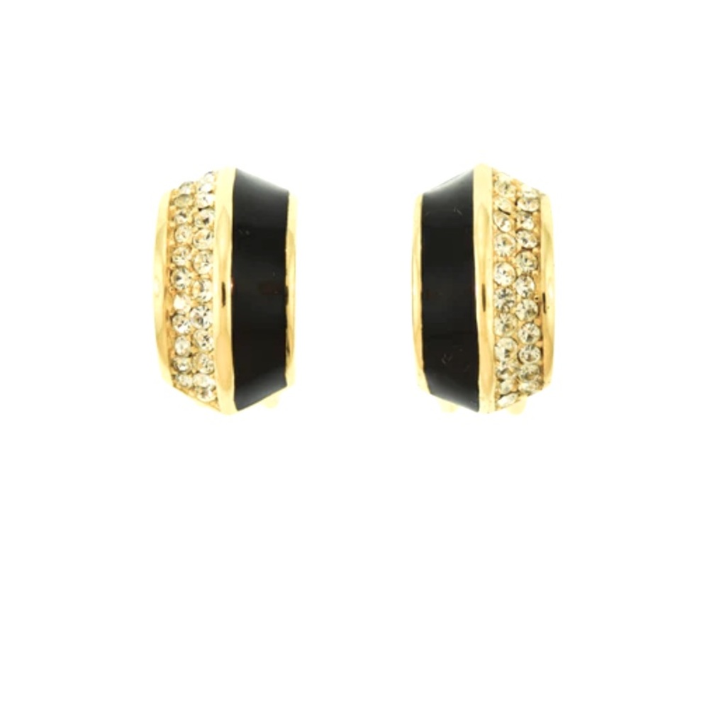 Christian Dior Vintage 1980s Golden Black
Enamel Rhinestone Half Hoop Earrings